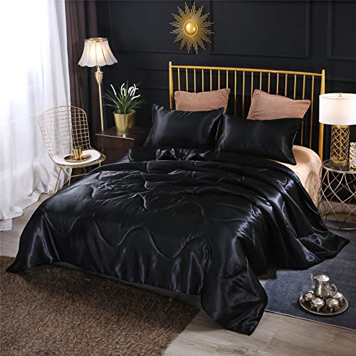 A Nice Night Satin Silky Soft Quilt Sexy Luxury Super Soft A Good Evening Satin Silky Mushy Quilt Horny Luxurious Tremendous Mushy Microfiber Bedding Comforter Set Full/Queen, Gentle Weighted (Black, Queen(88-by-88-inches)).
