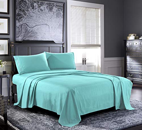 Pure Bedding Bed Sheets - Queen Sheet Set [4-Piece, Aqua] - Hotel Luxury 1800 Brushed Microfiber - Soft and Breathable - Deep Pocket Fitted Sheet, Flat Sheet, Pillow Cases