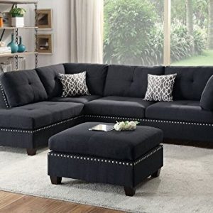 Poundex Bobkona Viola Linen-Like Polyfabric Left or Right Hand Chaise Sectional Set with Ottoman (Pack of 3), Black