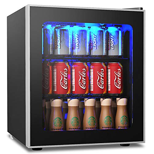 COSTWAY Beverage Refrigerator and Cooler – 62 Cans Capacity Mini Drink Fridge with LED Light, Adjustable Thermostat, Glass Door, Removable Shelves for Soda Beer or Wine for Office, Bar (1.6 cu ft)