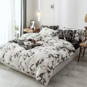 Wellboo White Duvet Cover Women Marble Bedding Cover Sets Cotton White and Gold Geometric Abstract Quilt Cover Triangle Plaid Bedding Cover Queen Full Black Texture Duvet Covers Adult Soft Luxury