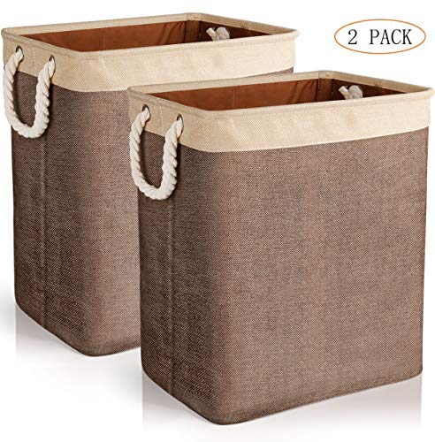 JOMARTO Laundry Basket with Handles 2 Pack, Collapsible Linen Laundry Hampers Built-in Lining with Detachable Brackets Well-Holding Laundry Storage Basket for Toys Clothes Organizer - Brown