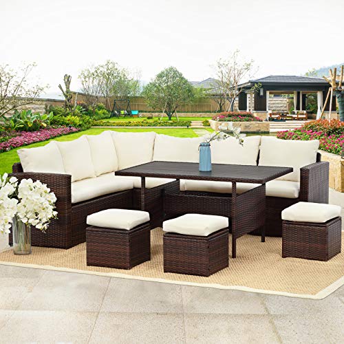 Wisteria Lane Patio Furniture Set,7 PCS Outdoor Conversation Set All Weather Wicker Sectional Sofa Couch Dining Table Chair with Ottoman,Ivory