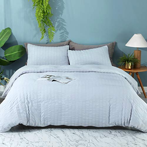 2 Pieces Duvet Cover Set, 100% Soft Washed Microfiber, Gray Seersucker Duvet Cover Set, Twin Bed Comforter Cover Set for Women/Men/Teens, Hotel Quality Grey Bedding Set with Zipper Closure(Grey Twin)