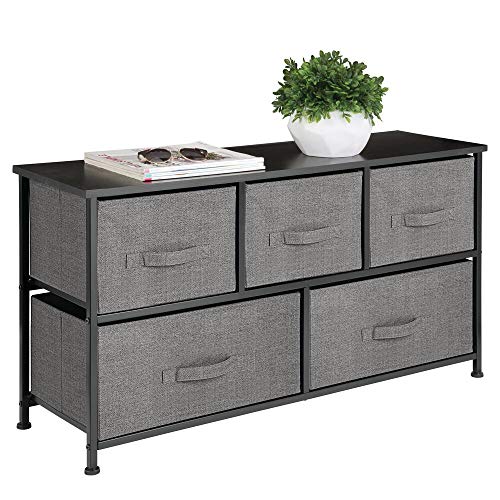 mDesign Extra Wide Dresser Storage Tower - Sturdy Steel Frame, Wood Top, Easy Pull Fabric Bins - Organizer Unit for Bedroom, Hallway, Entryway, Closet - Textured Print, 5 Drawers - Charcoal Gray/Black