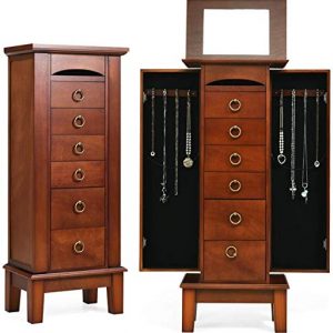 Giantex Jewelry Cabinet with Top Compartment, 6 Drawers & 2 Side Doors, Wooden Jewelry Armoire Storage Chest Stand with Flip Top Mirror, Necklace Hooks, Bedroom Armoire with Large Storage, Walnut