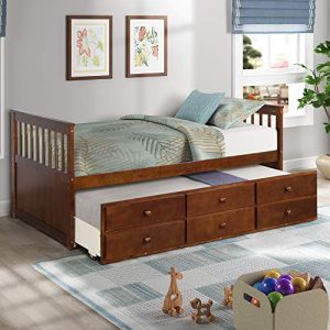 Solid Wood Twin Captains Bed Daybed with Trundle Bed Frame and Storage Drawers Bedroom Furniture for Kids Teens Guests Sleepovers,No Box Spring Needed (Walnut)