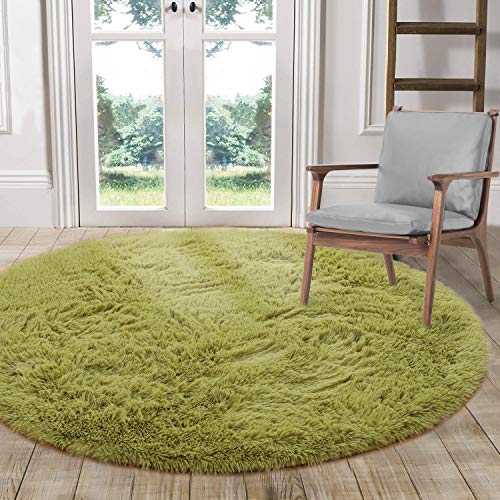 LOCHAS Luxury Round Fluffy Area Rugs for Kids Bedroom Super Soft Living Room Home Shaggy Carpet 4-Feet, Green