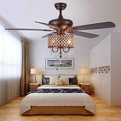 Rustic Ceiling Fan with Crystal Light Home Indoor Quiet Fan Light Rustic Ceiling Fan with Crystal Gentle Dwelling Indoor Quiet Fan Gentle Reversible Wooden Blades Ceiling Fan Chandelier Bed room Dwelling Room Household Excellent Crystal Fan Gentle, New Bronze, 52-Inch.