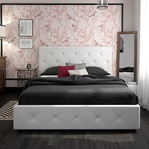 Dakota White Queen Bed Frame with Storage - Stylish and Functional Bedroom Upgrade The button-tufted diamond detailing adds a touch of elegance, making it a stylish focal point in any bedroom. The built-in drawers are a game-changer for small-space living, offering a smart storage solution. The sturdy structure, with steel side rails and additional legs, ensures stability and support. One of the standout features is the wood slat system, promoting optimal air circulation for a refreshing night's sleep. With all components cleverly concealed in the headboard, assembly is a breeze. The DHP Dakota is more than a bed; it's a stylish and space-saving upgrade that enhances both form and function in the bedroom.