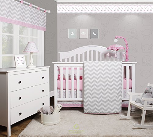 GEENNY OptimaBaby Pink Grey Chevron 6 Piece Baby Girl Nursery Crib Bedding Set