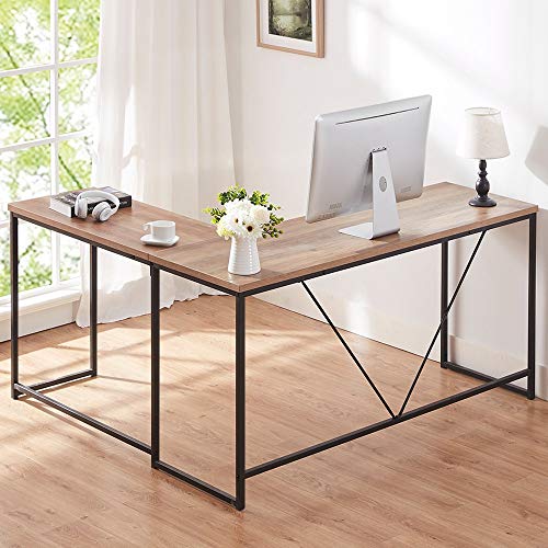 HSH L Shaped Computer Desk, Metal and Wood Rustic Corner Desk HSH L Shaped Computer Desk, Metal and Wood Rustic Corner Desk, Industrial Writing Workstation Table for Home Office Study, Grey Oak 59 x 55 inch.