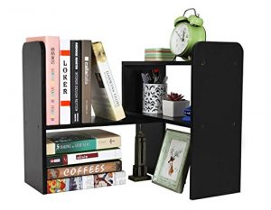 PAG Desktop Bookshelf Adjustable Countertop Bookcase Office Supplies Wood Desk Organizer Accessories Display Rack, Black
