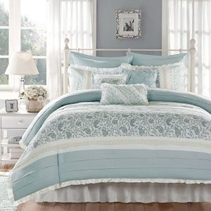 Madison Park Dawn Queen Size Bed Comforter Set Bed In A Bag - Aqua , Floral Shabby Chic – 9 Pieces Bedding Sets – 100% Cotton Percale Bedroom Comforters