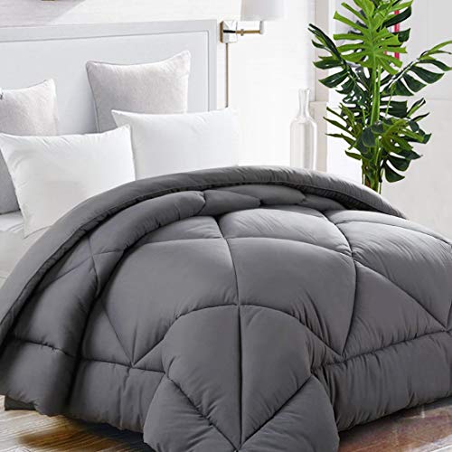 TEKAMON All Season Queen Comforter Summer Cool Soft Quilted Down Alternative Duvet Insert with Corner Tabs,Luxury Fluffy Reversible Hotel Collection,Charcoal Grey,88 x 88 inches