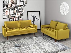 Container Furniture Direct Mid Century Modern Velvet Upholstered Button Tufted Living Room Sofa, 2 Piece Set, Goldenrod
