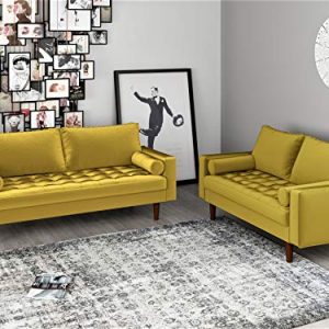Container Furniture Direct Mid Century Modern Velvet Upholstered Button Tufted Living Room Sofa, 2 Piece Set, Goldenrod