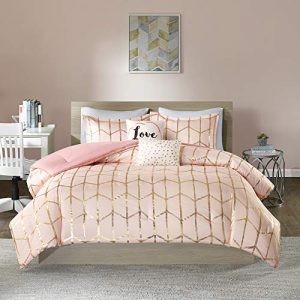 Intelligent Design Raina Comforter Set Full/Queen Size - Blush Gold, Geometric – 5 Piece Bed Sets – Ultra Soft Microfiber Teen Bedding for Girls Bedroom