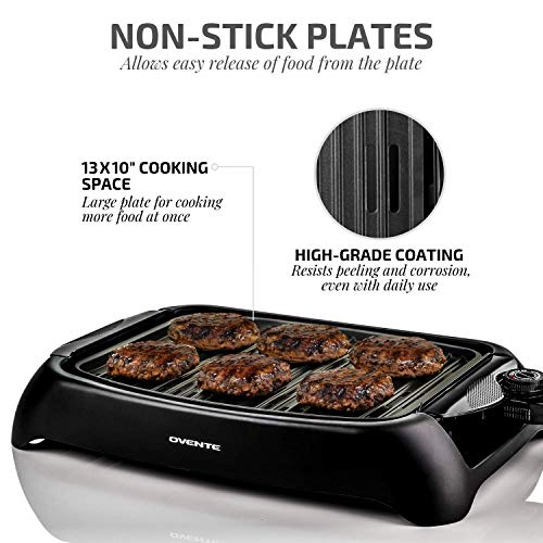 Ovente Electric Indoor Grill with Non-Stick, 13 x 10 Inch Plate Ovente Electrical Indoor Grill with Non-Stick 13 x 10 Inch Plate and Temperature Management, Compact and Slim Design, 1000 Watts Good for Steaks, Hen, Black (GD1632NLB).
