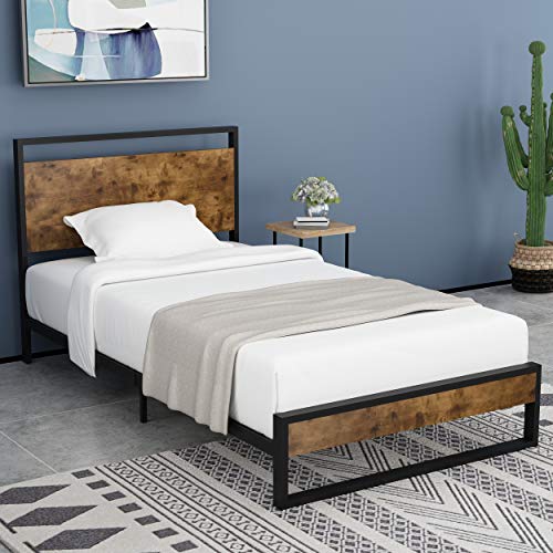 Amolife Twin Bed Frame with Headboard/Platform Metal Bed Frame with Footboard/Mattress Foundation/Strong Slat Support/No Box Spring Needed