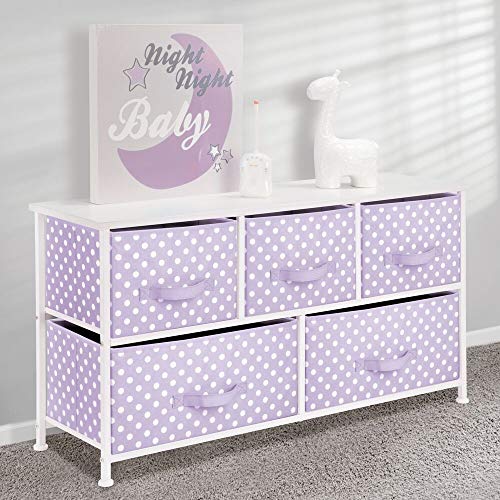 mDesign 5-Drawer Dresser Storage Unit - Sturdy Steel Frame mDesign 5-Drawer Dresser Storage Unit - Sturdy Metal Body, Wooden High and Simple Pull Material Bins in 2 Sizes - Multi-Bin Organizer for Youngster/Youngsters Bed room or Nursery - Gentle Purple with White Polka Dots.