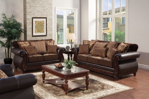 Furniture of America Esmeralda 2-Piece Fabric and Leatherette Sofa Set, Dark Brown Finish