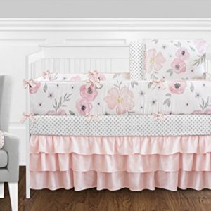 9 pc. Blush Pink, Grey and White Shabby Chic Watercolor Floral Baby Girl Crib Bedding Set with Bumper by Sweet Jojo Designs - Rose Flower Polka Dot