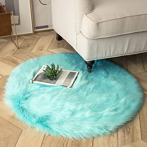 Ashler Ultra Soft Fluffy Area Rug Faux Fur Sheepskin Carpet Chair Couch Cover for Bedroom Floor Sofa Living Room, Turquoise Round 3 x 3 Feet