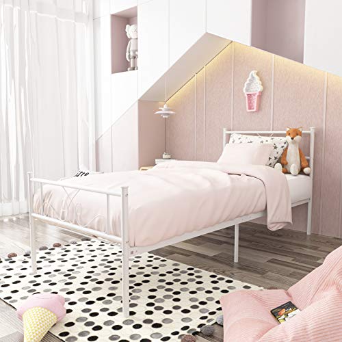 SimLife Platform Kids Boys Adult No Box Spring Needed Princess White Twin Size Bed Frame with Headboard and Footboard Mattress Foundation