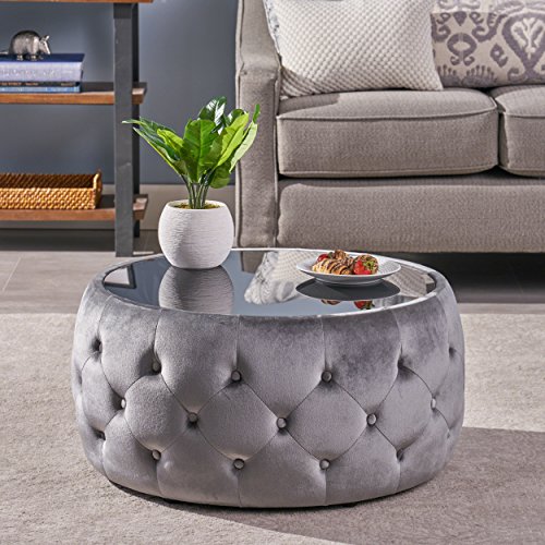 Christopher Knight Home Ivy Glam Velvet and Tempered Glass Coffee Table Ottoman, Smoke, Black