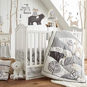 Levtex Baby - Bailey Crib Bed Set - Baby Nursery Set - Charcoal, Taupe, White - Neutral Forest Theme - 5 Piece Set Includes Quilt, Fitted Sheet, Diaper Stacker, Wall Decal & Skirt/Dust Ruffle