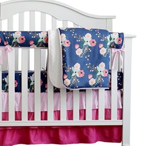 Boho Chic Coral Floral Ruffle Baby Minky Blanket Watercolor, Peach Floral Nursery Crib Skirt Set Baby Girl Crib Bedding (Navy Blue)