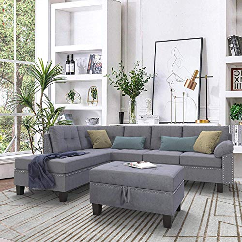 Sectional Sofa Sets with Chaise Lounge and Ottoman 3-Seat Couch Sofa for Living Room (Gray)
