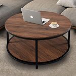 NSdirect 36” Round Coffee Table, Rustic Wooden Surface Top & Sturdy Metal Legs Industrial Sofa Table for Living Room Modern Design Home Furniture with Storage Open Shelf (Dark Walunt)