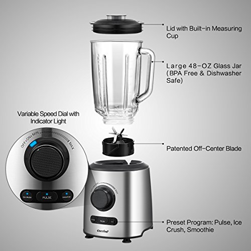 Blender, Smoothie Blender, Household Blender with Glass Jar Blender, Smoothie Blender, Family Blender with Glass Jar, Preset Capabilities &amp; Variable Velocity Controls by Comfee (Silver).