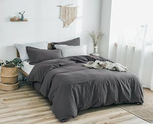 PHF Washed Linen Cotton Duvet Cover Set 3 Pieces Luxury Soft Vintage Bedding Set for Winter Full/Queen Size Charcoal
