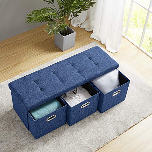 Ornavo Home Foldable Tufted Linen Large Bench Storage Ornavo Home Foldable Tufted Linen Large Bench Storage Ottoman Foot Rest Stool/Seat with 3 Drawer Cubes - 15" x 45" x 15" (Navy).