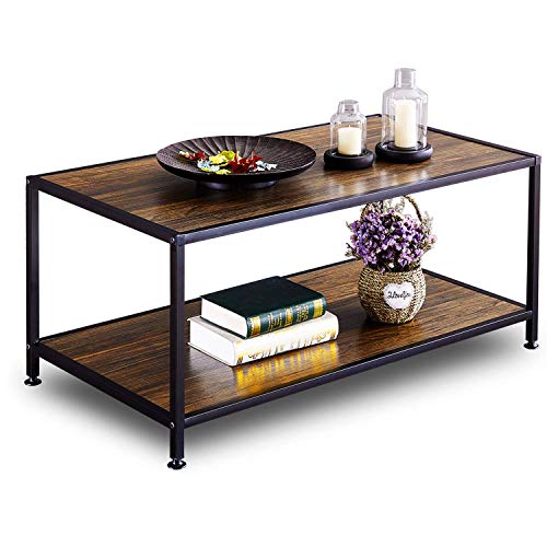 GreenForest Coffee Table Industrial for Living Room Metal Frame Open Shelf Storage, Walnut
