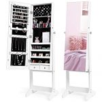 Nicetree Jewelry Cabinet with Full-Length Mirror, Standing Lockable Jewelry Armoire Organizer, 3 Angel Adjustable, White