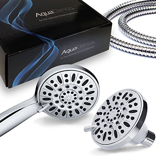 AquaDance Premium Chrome High-Pressure Shower Head Combo - Elevate Your Shower Experience with 48 Settings for Ultimate Luxury and Versatility The giant 4-inch face of both the overhead and handheld shower provides immersive coverage, and the high-power click lever dial lets me easily switch between the six settings, including refreshing Power Rain, invigorating Pulsating Massage, and the soothing Power Mist. The rub-clean jets ensure hassle-free cleaning, preventing lime buildup. The patented 3-way water diverter is a game-changer, allowing me to direct water flow between both showers effortlessly. The angle-adjustable overhead bracket and extra-flexible 5 ft. stainless steel hose enhance the flexibility of use, providing a customized and hands-free shower experience. This premium combo truly offers the best of both worlds.