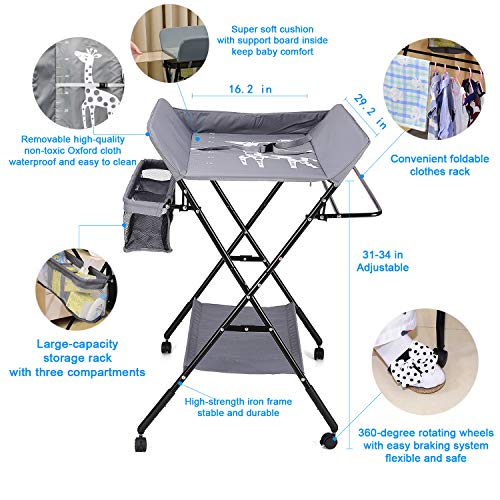 Baby Folding Changing Table with Wheels, Adjustable Height Child Folding Altering Desk with Wheels, Adjustable Top Folding Moveable Diaper Station Nursery Organizer with New child Garments Drying Rack &amp; Storage Rack for Toddler.