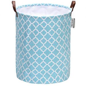 Sea Team Moroccan Lattice Pattern Laundry Hamper Canvas Fabric Laundry Basket Collapsible Storage Bin with PU Leather Handles and Drawstring Closure, 19.7 by 15.7 inches, Aqua