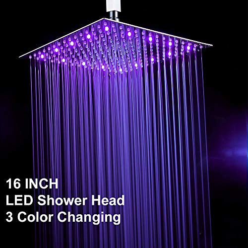 Fyeer 16 Inches Square LED Fixed Rainfall Shower Head Ultra-thin Ceiling Mounted, 3-LAYER Luxury Bathroom Shower Heads Mirror Chrome Polished 304 Stainless Steel, Temperature Sensor 3 Colors Changing