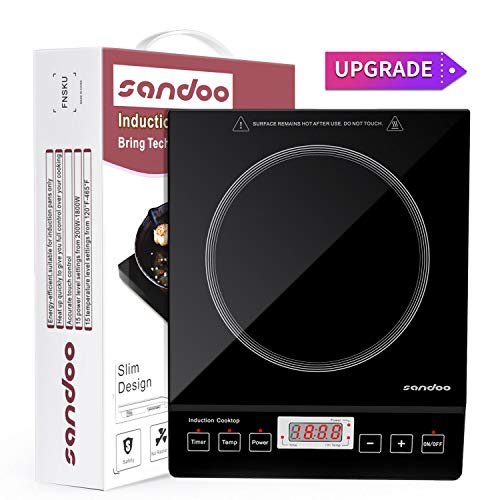 Sandoo Induction Cooktop, 1800W Portable Electric Burner Stove, Safety Single Burner Countertop, Timer and 15 Temperature & Power Setting, Suitable for Cast Iron, Stainless Steel Cookware HA1897