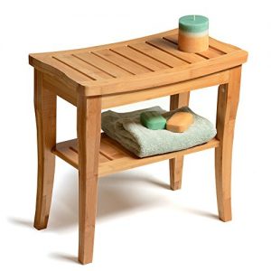 Bambusi Shower Bench Stool with Shelf - Bamboo Spa Bathroom Decor - Wood Seat Bench for Indoor or Outdoor Use