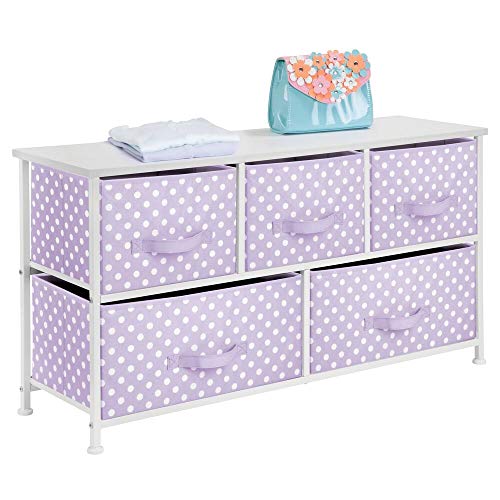 mDesign 5-Drawer Dresser Storage Unit - Sturdy Steel Frame mDesign 5-Drawer Dresser Storage Unit - Sturdy Metal Body, Wooden High and Simple Pull Material Bins in 2 Sizes - Multi-Bin Organizer for Youngster/Youngsters Bed room or Nursery - Gentle Purple with White Polka Dots.