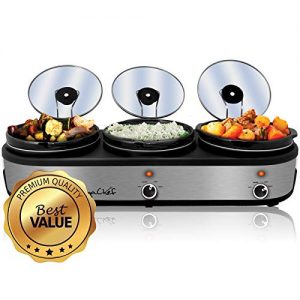 MegaChef MC-1203 Triple 2.5 Quart Slow Cooker and Buffet Server in Brushed Silver and Black Finish with 3 Ceramic Cooking Pots and Removable Lid Rests