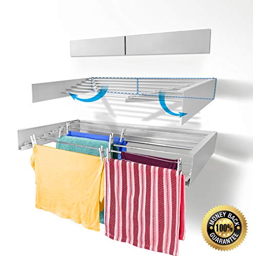 Step Up Laundry Drying Rack - Wall Mounted - Retractable - Clothes Drying Rack Collapsible Folding Indoor or Outdoor – Space Saver Compact Sleek Design, 60lbs Capacity, 20 Linear Ft (White)