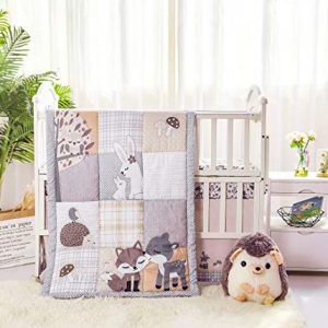 La Premura Woodland Forest Baby Nursery Crib Bedding Set – Fox, Deer, Hoglet & Bunnies 3 Piece Standard Size Crib Set, Gray/Hazel