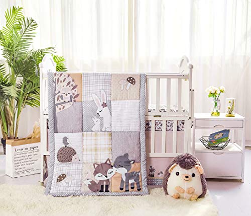 La Premura Woodland Forest Baby Nursery Crib Bedding Set – Fox, Deer, Hoglet & Bunnies 3 Piece Standard Size Crib Set, Gray/Hazel